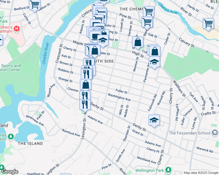 map of restaurants, bars, coffee shops, grocery stores, and more near 20 Fuller Street in Waltham