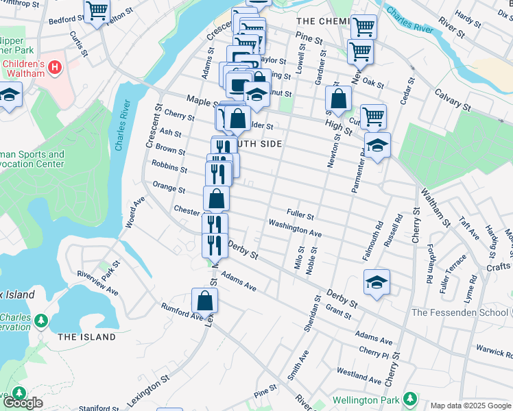 map of restaurants, bars, coffee shops, grocery stores, and more near 55 Wadsworth Avenue in Waltham