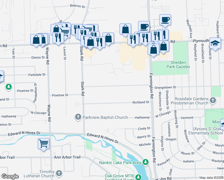 map of restaurants, bars, coffee shops, grocery stores, and more near 33963 Orangelawn Street in Livonia