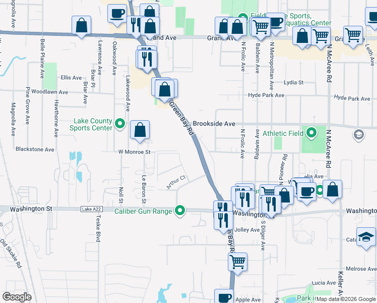 map of restaurants, bars, coffee shops, grocery stores, and more near 202 North Green Bay Road in Waukegan