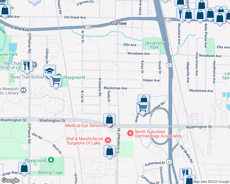 map of restaurants, bars, coffee shops, grocery stores, and more near 229 Suda Drive in Gurnee