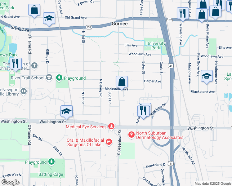 map of restaurants, bars, coffee shops, grocery stores, and more near 229 Suda Drive in Gurnee