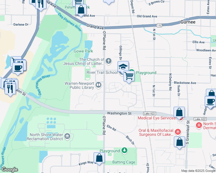 map of restaurants, bars, coffee shops, grocery stores, and more near 4487 Sheffield Court in Gurnee