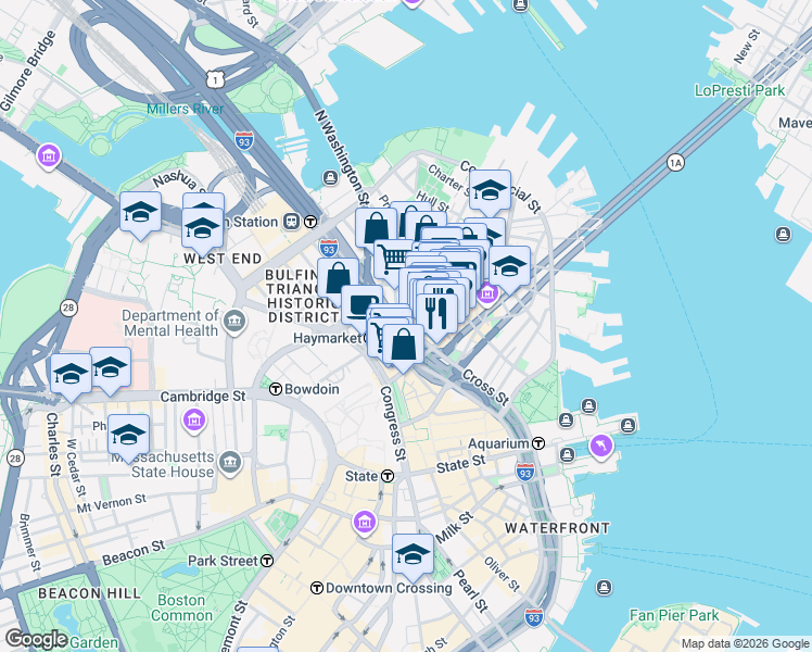 map of restaurants, bars, coffee shops, grocery stores, and more near 36 Cross St in Boston