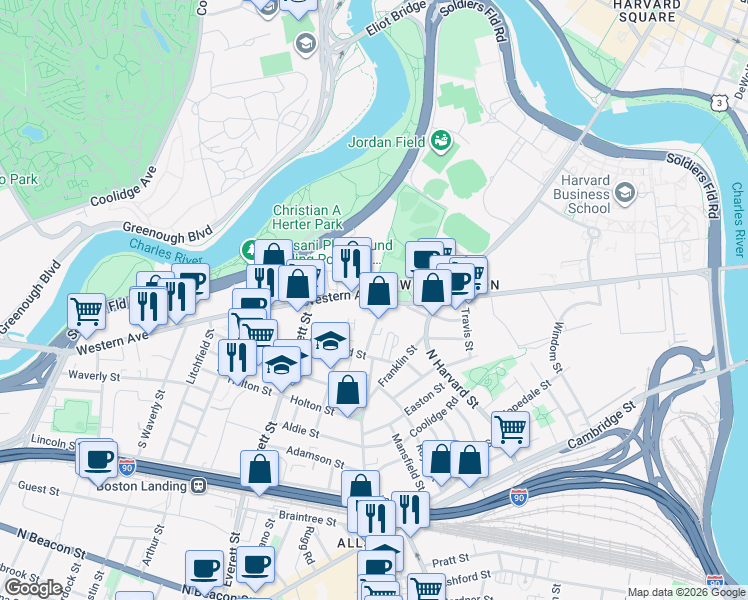 map of restaurants, bars, coffee shops, grocery stores, and more near 250 Western Avenue in Boston