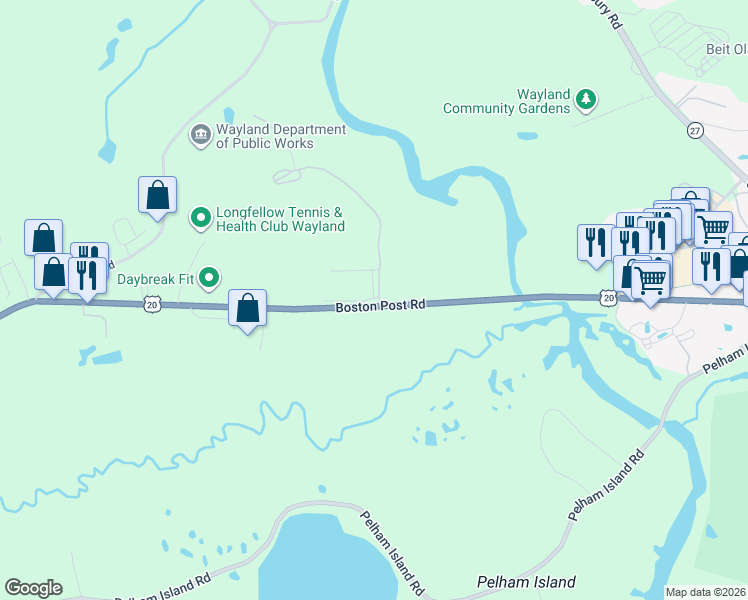 map of restaurants, bars, coffee shops, grocery stores, and more near 484 Boston Post Road in Wayland