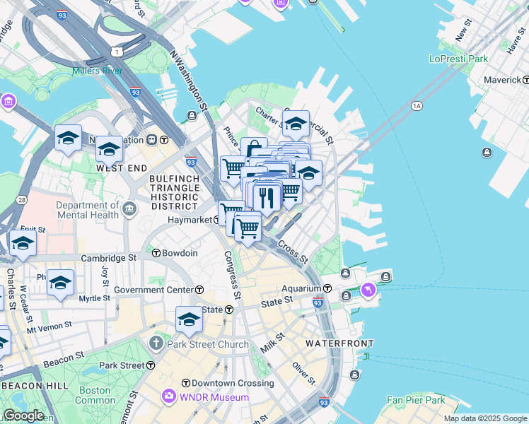 map of restaurants, bars, coffee shops, grocery stores, and more near 252 Hanover Street in Boston
