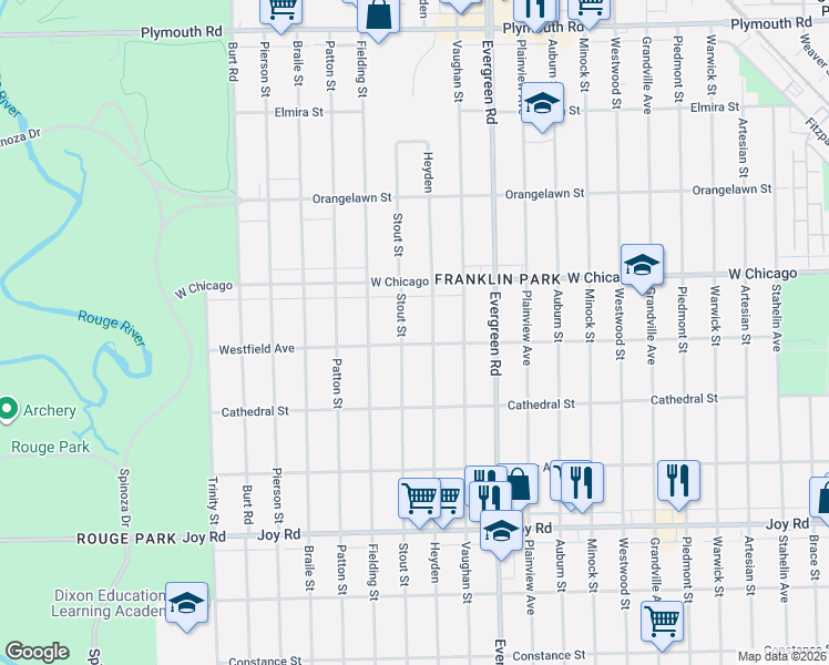 map of restaurants, bars, coffee shops, grocery stores, and more near 9304 Stout Street in Detroit
