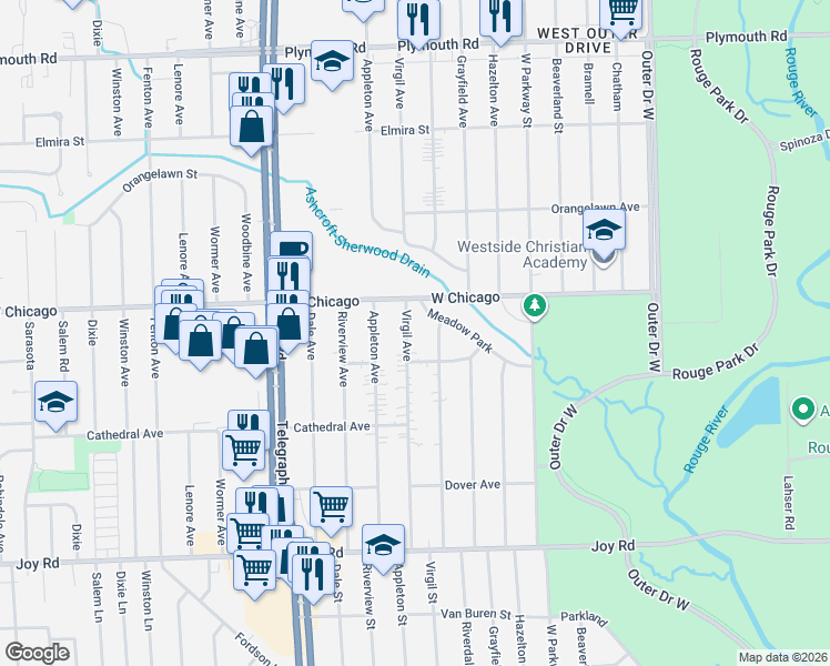 map of restaurants, bars, coffee shops, grocery stores, and more near 9345 Riverdale in Redford Charter Township