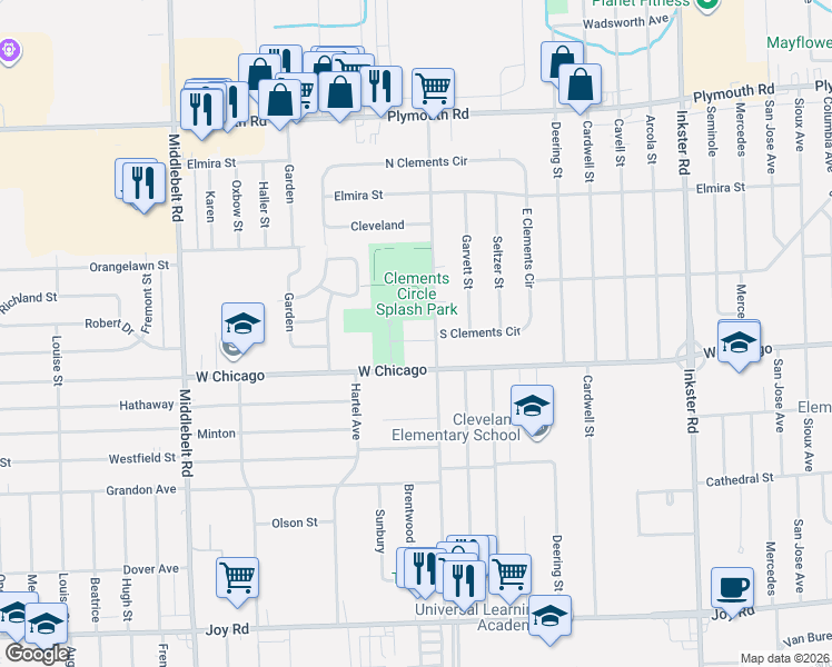 map of restaurants, bars, coffee shops, grocery stores, and more near 9501-9799 Harrison St in Livonia