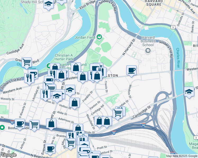 map of restaurants, bars, coffee shops, grocery stores, and more near in Boston