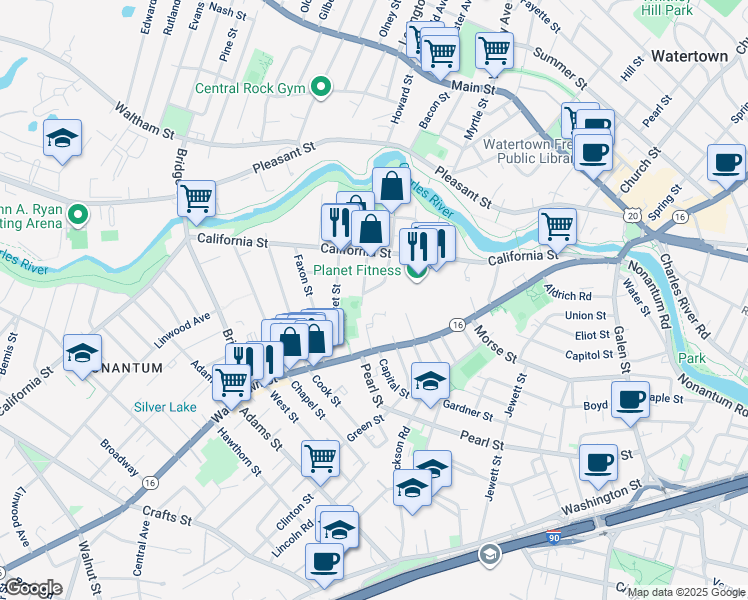 map of restaurants, bars, coffee shops, grocery stores, and more near 102 Los Angeles Street in Newton
