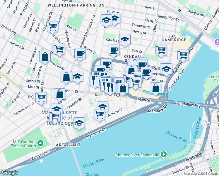 map of restaurants, bars, coffee shops, grocery stores, and more near 90 Broadway in Cambridge