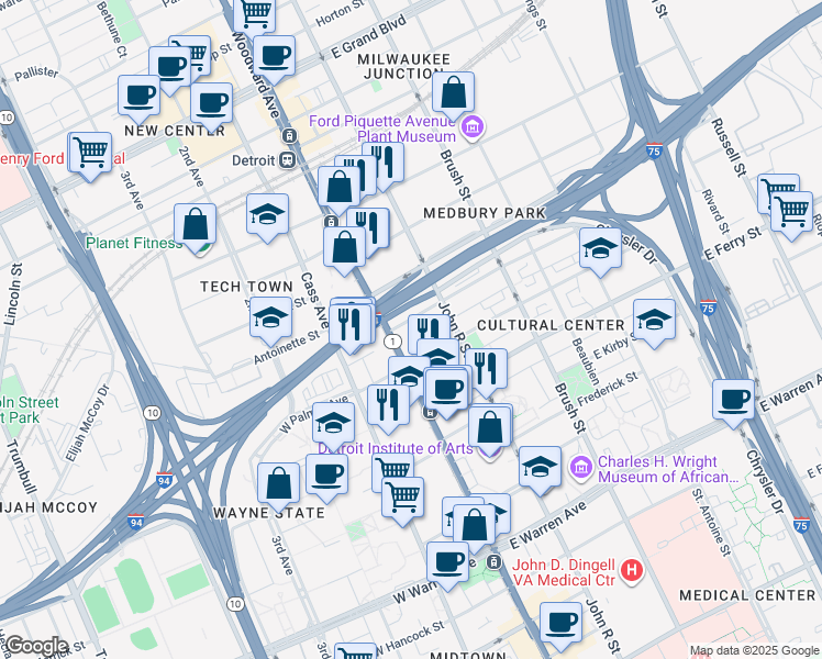map of restaurants, bars, coffee shops, grocery stores, and more near 73 East Palmer Street in Detroit