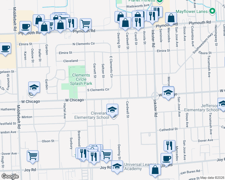 map of restaurants, bars, coffee shops, grocery stores, and more near 28001 South Clements Circle in Livonia