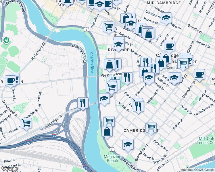 map of restaurants, bars, coffee shops, grocery stores, and more near 46 Blackstone Street in Cambridge