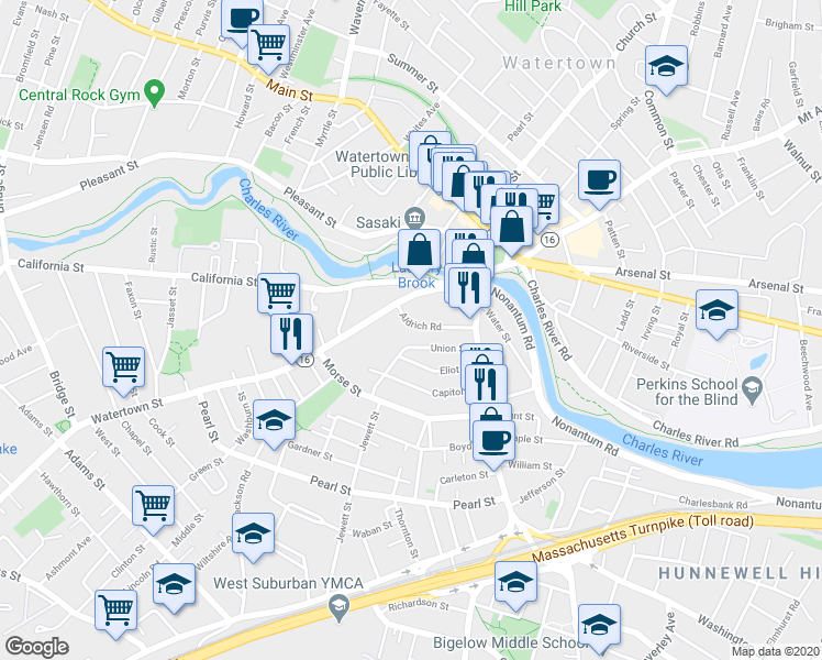 map of restaurants, bars, coffee shops, grocery stores, and more near 68 Aldrich Road in Watertown