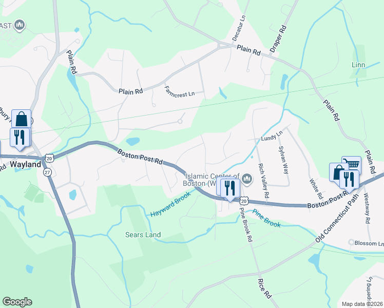 map of restaurants, bars, coffee shops, grocery stores, and more near 9 Springhill Road in Wayland