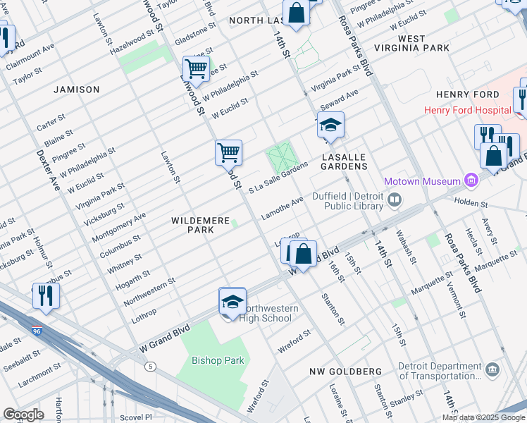 map of restaurants, bars, coffee shops, grocery stores, and more near 2526 Lamothe Avenue in Detroit