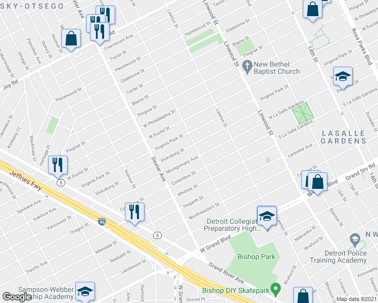 map of restaurants, bars, coffee shops, grocery stores, and more near 3237 Vicksburg St in Detroit