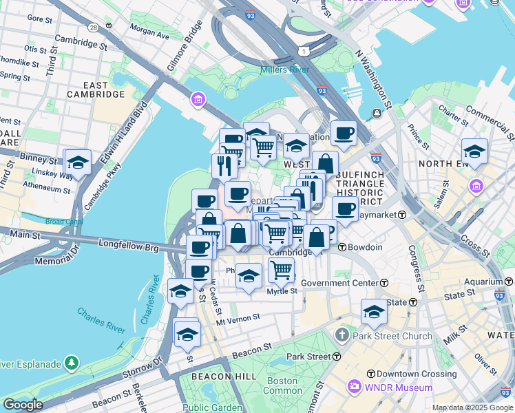 map of restaurants, bars, coffee shops, grocery stores, and more near 70 Blossom Street in Boston
