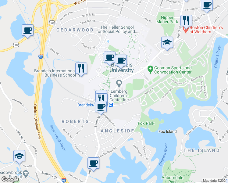 map of restaurants, bars, coffee shops, grocery stores, and more near 475 South Street in Waltham