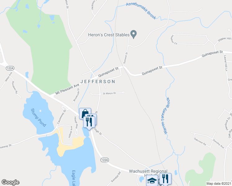 map of restaurants, bars, coffee shops, grocery stores, and more near 1 Saint Marys Drive in Holden