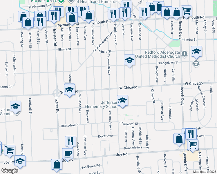 map of restaurants, bars, coffee shops, grocery stores, and more near 26704 West Chicago in Redford Charter Township
