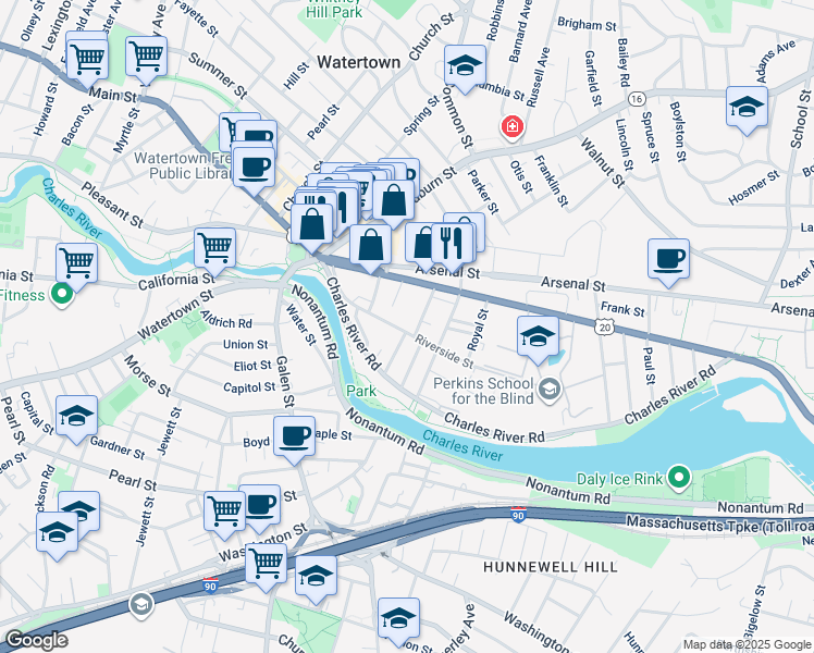 map of restaurants, bars, coffee shops, grocery stores, and more near 64 Riverside Street in Watertown