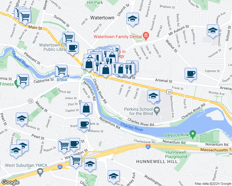 map of restaurants, bars, coffee shops, grocery stores, and more near 64 Riverside Street in Watertown
