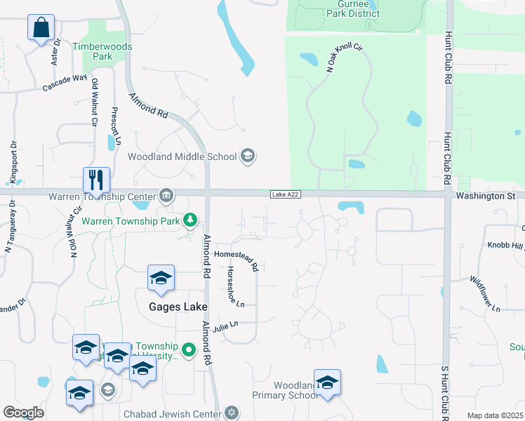 map of restaurants, bars, coffee shops, grocery stores, and more near 34444 Bridle Lane in Gurnee