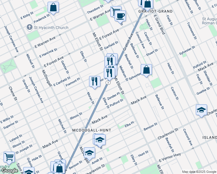 map of restaurants, bars, coffee shops, grocery stores, and more near 3652 Gratiot Avenue in Detroit