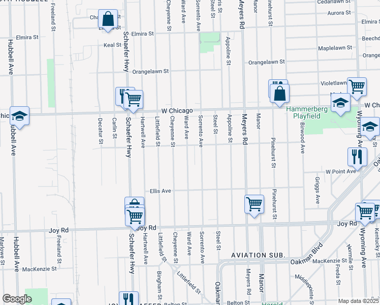 map of restaurants, bars, coffee shops, grocery stores, and more near 9251 Sorrento Avenue in Detroit