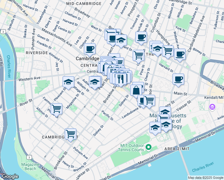 map of restaurants, bars, coffee shops, grocery stores, and more near 129 Franklin Street in Cambridge