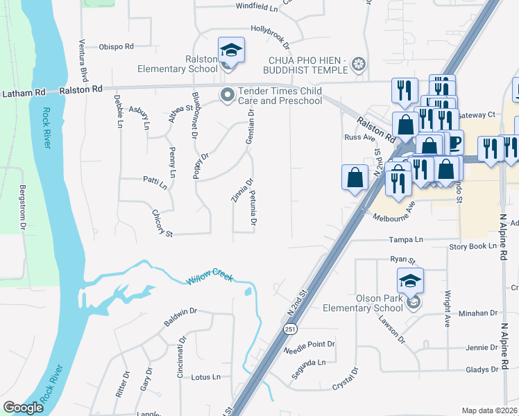 map of restaurants, bars, coffee shops, grocery stores, and more near 9691 Petunia Drive in Machesney Park