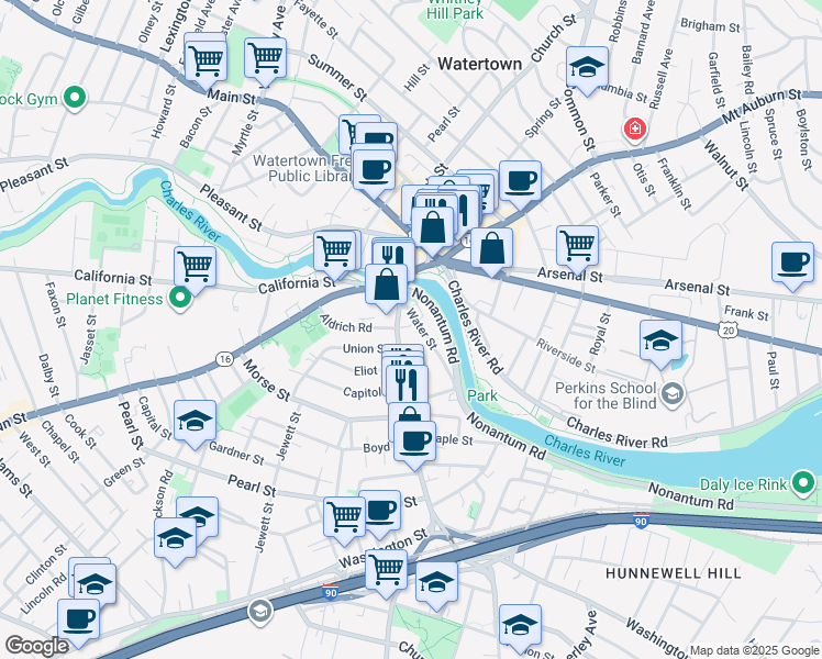 map of restaurants, bars, coffee shops, grocery stores, and more near 66 Galen Street in Watertown