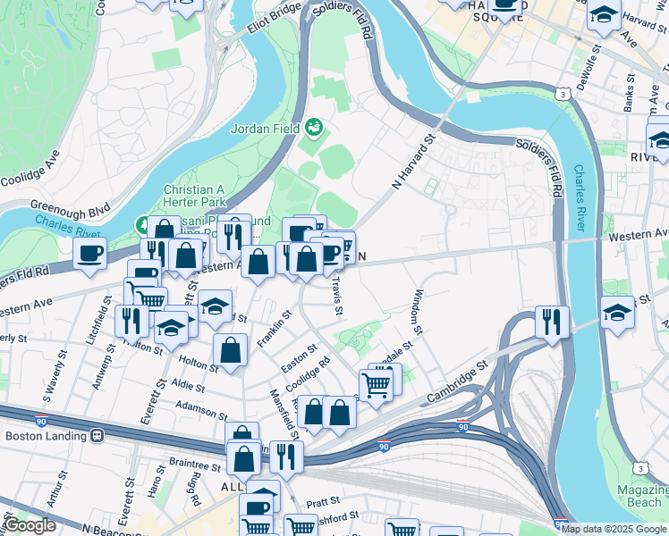 map of restaurants, bars, coffee shops, grocery stores, and more near Western Avenue in Boston
