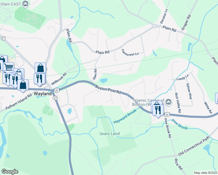 map of restaurants, bars, coffee shops, grocery stores, and more near 179 Boston Post Road in Wayland