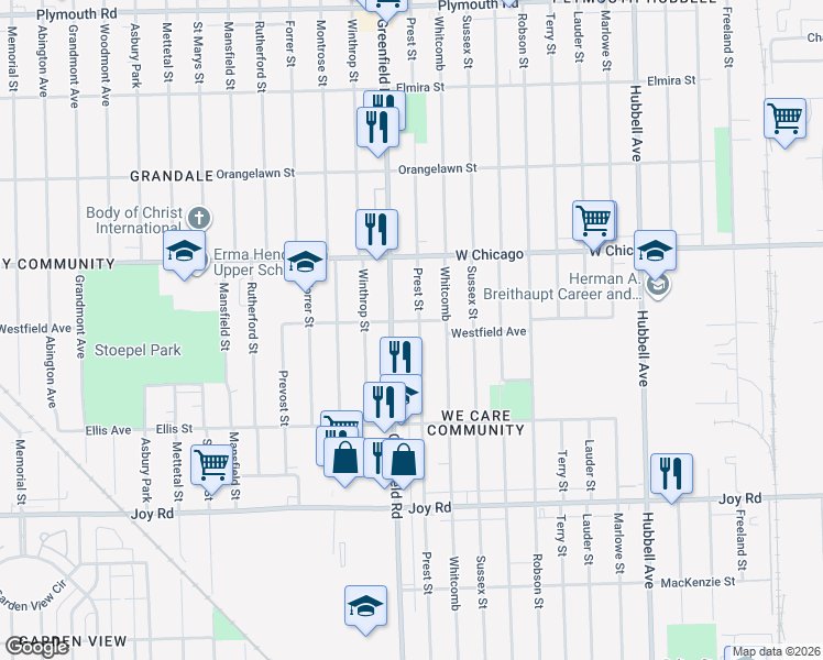map of restaurants, bars, coffee shops, grocery stores, and more near 9212 Prest Street in Detroit