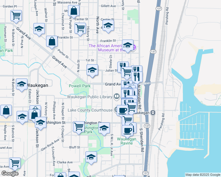 map of restaurants, bars, coffee shops, grocery stores, and more near 222 North Martin Luther King Junior Avenue in Waukegan