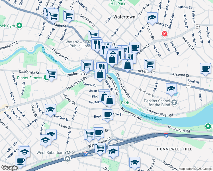 map of restaurants, bars, coffee shops, grocery stores, and more near in Watertown