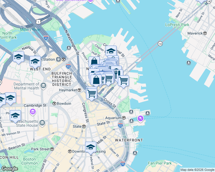 map of restaurants, bars, coffee shops, grocery stores, and more near 35 Quincy Court in Boston