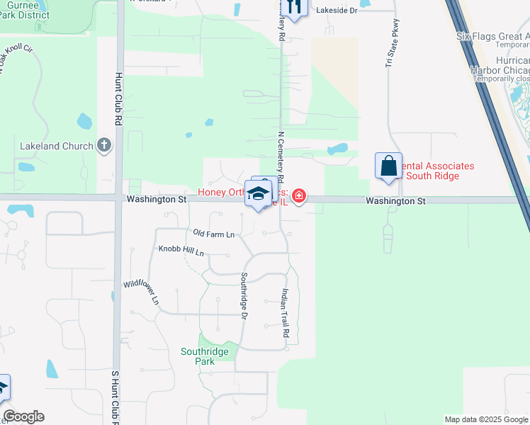map of restaurants, bars, coffee shops, grocery stores, and more near 6121 Washington Street in Gurnee