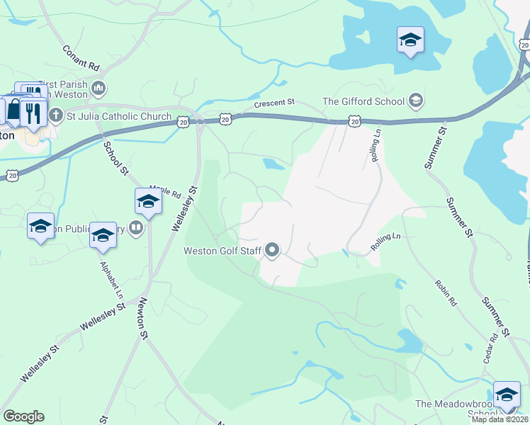 map of restaurants, bars, coffee shops, grocery stores, and more near 50 Winsor Way in Weston