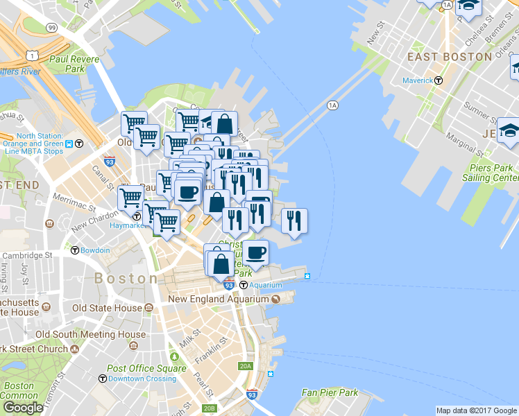 map of restaurants, bars, coffee shops, grocery stores, and more near 34-38 Atlantic Avenue in Boston