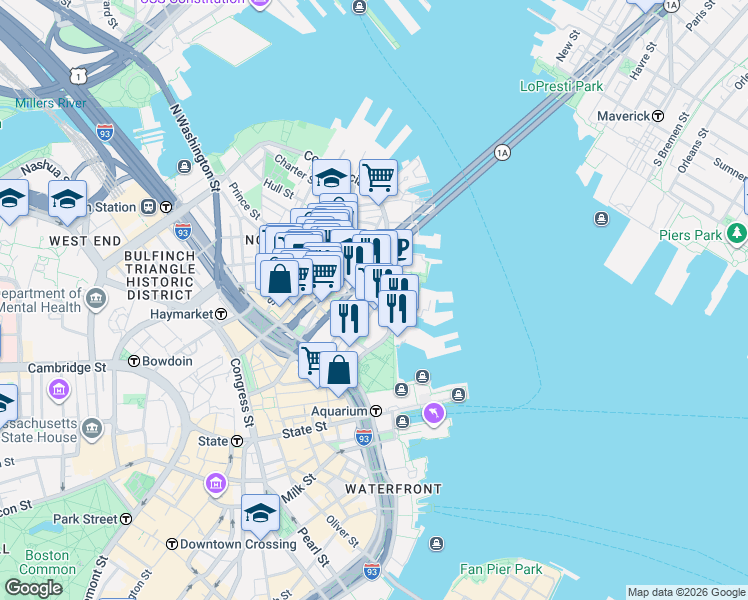 map of restaurants, bars, coffee shops, grocery stores, and more near in Boston