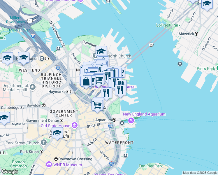 map of restaurants, bars, coffee shops, grocery stores, and more near in Boston
