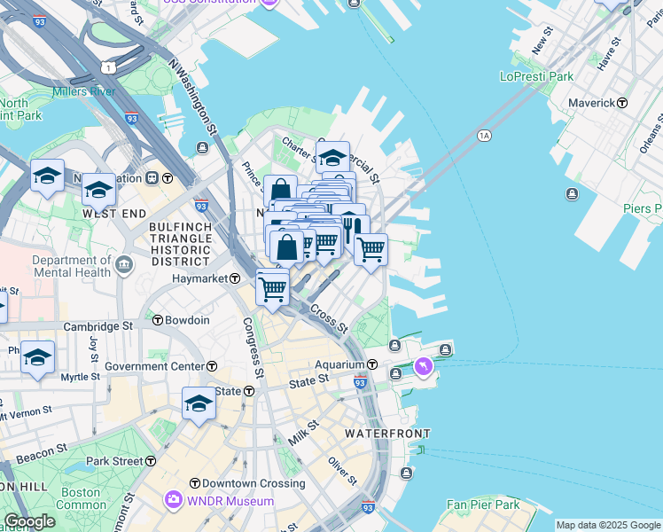 map of restaurants, bars, coffee shops, grocery stores, and more near 35 Quincy Court in Boston