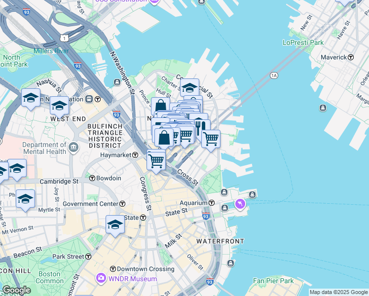 map of restaurants, bars, coffee shops, grocery stores, and more near 105 Richmond Street in Boston
