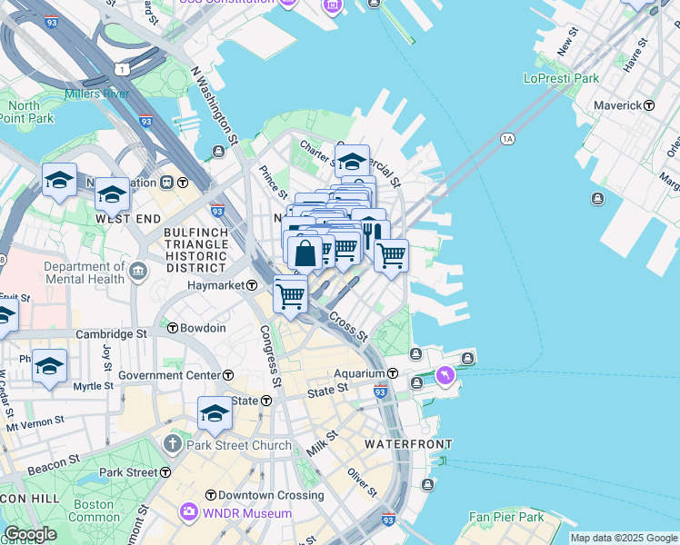 map of restaurants, bars, coffee shops, grocery stores, and more near 35 Quincy Court in Boston